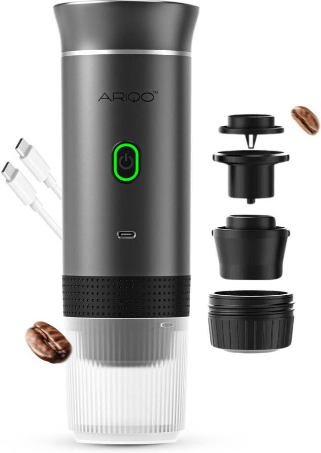 AriQo Draagbare Koffiemachine Draagbaar Koffiezetapparaat Elektrisch 3-in-1 -Bonen Kleine en Grote Capsules Zwart