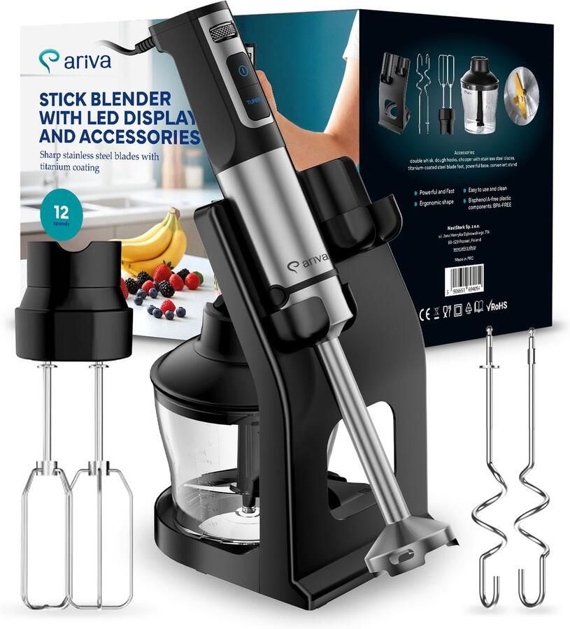 Ariva -6 in 1-Staafmixer-Led-display-Accessoires-1500W-Mixen hakken kloppen-Titanium mes-0.8L-Standaard-Keukenmachine-Deeghaken-Garde