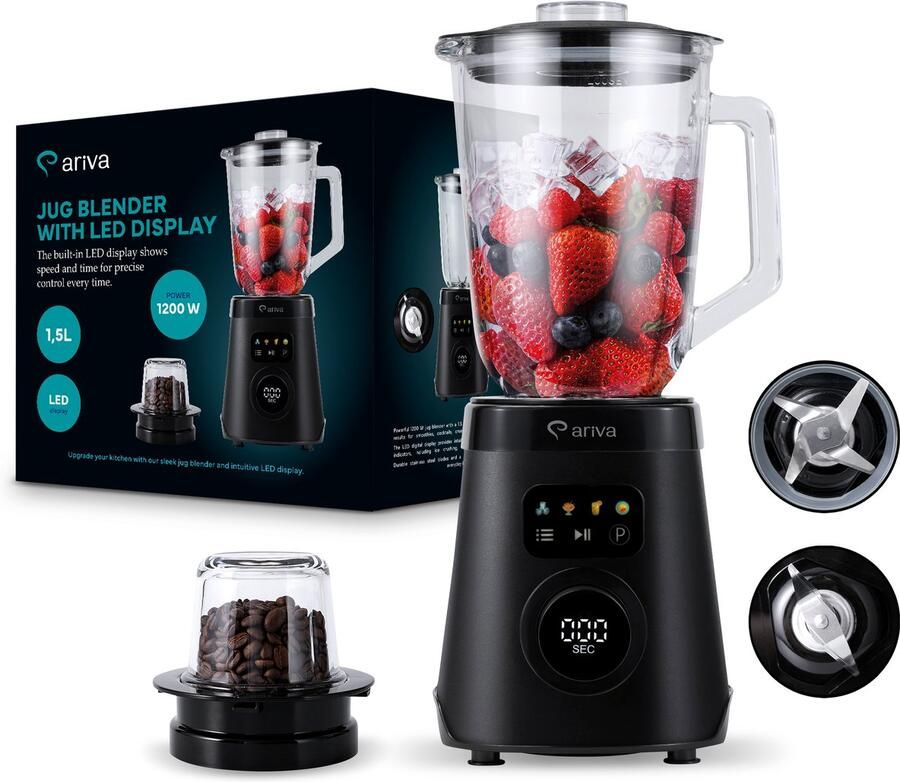 Ariva -Blender-1500W-1.5L-2 in 1-250G kruidenmolen-Ook voor koffiebonen-Auto clean-RVS