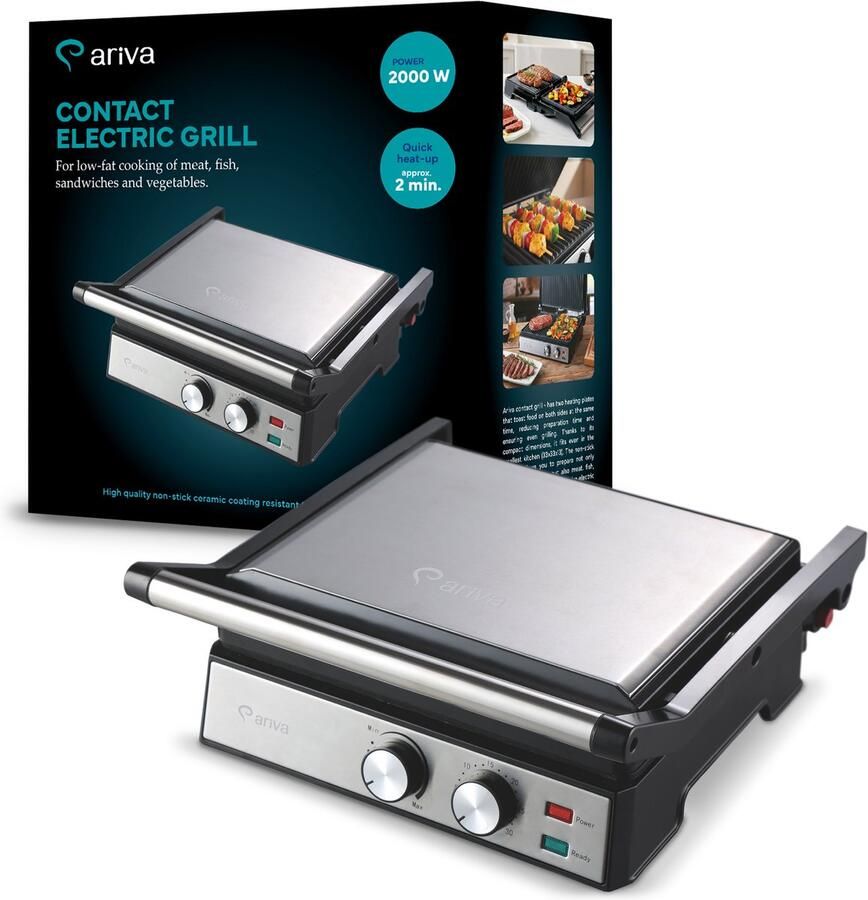 Ariva -Grill-29x24cm-2 in 1-contact grill-tafel grill-tosti apparaat-Keramische anti-aanbaklaag-Timer-2000W