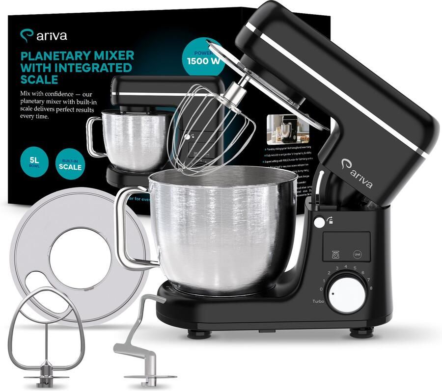 Ariva -Keukenmachine-1800W maximaal-Met ingebouwde weegschaal-5 Liter-8 Snelheden-Keukenrobot-Keukenmixer