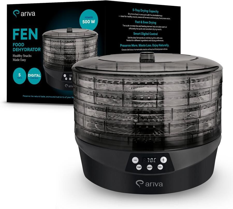 Ariva -Voedseldroger-Fruitdroger-Dehydrator-500W-5 Etages-BPA vrij-35 tot 70°C-Timer