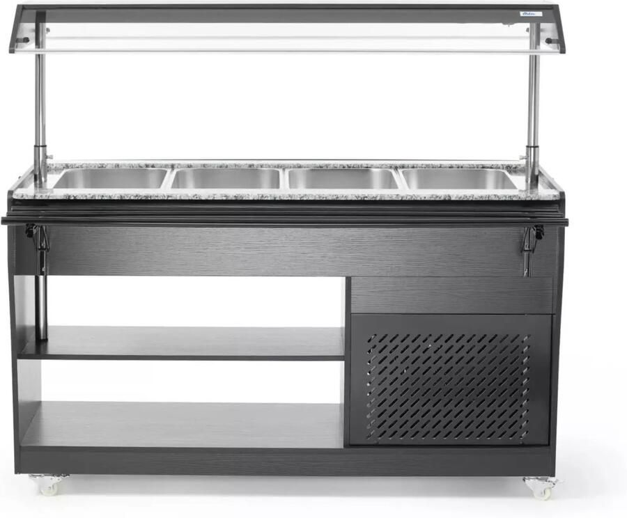 Arktic Gekoeld Buffet Hout RVS 4x 1 1 GN +2°C +10°C Statisch Verlichte Liftkap Wielen 1490x765x1370mm