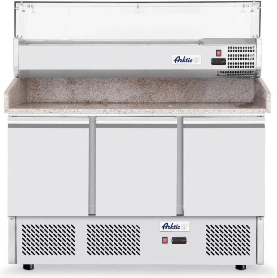 Arktic Pizzawerkbank + Opzetkoelvitrine KitchenLine 380L 3 Deuren 1 1 GN Boven 6x 1 6 GN -2°C +8°C Geforceerd 1365x700x880 1285mm Horeca Oven