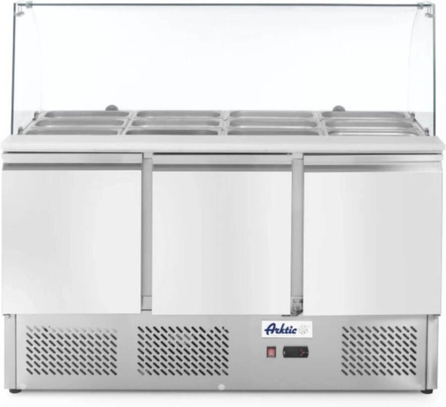 Arktic Saladette KitchenLine 380L 3 Deuren 1 1 GN Boven 4x 1 1 GN -2°C +8°C Geforceerd Glasopzet + Snijblad 1365x700x880 1300mm Horeca Oven