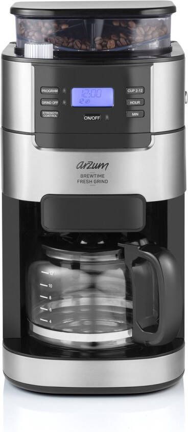 Arzum Brewtime Fresh Grind AR3092-0100 ZIlver Zwart Filterkoffiezetapparaat Geïntegreerde koffiemolen 1050W 1.5 L