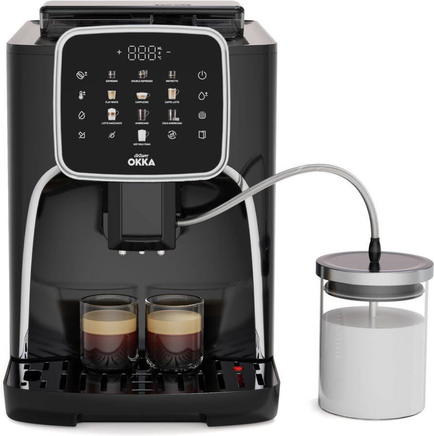 Arzum OKKA Espresso Pro M Automatische Espressomachine OK0028-0500 Chroom 11 Koffiepecialiteiten Touchscreen Melkopschuimer Verstelbare temperatuur en maalgraad 19 bar Kopjesverwarmer Automatische reiniging 1450W
