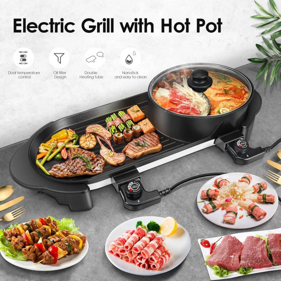 Asaam Store Asaam Elektrische Grill Hot Pot 2 In 1 -Multifunctionele Elektrische Barbecue Grill- Indoor Hot Pot- Non-stick Pan- Divider 110V-220V