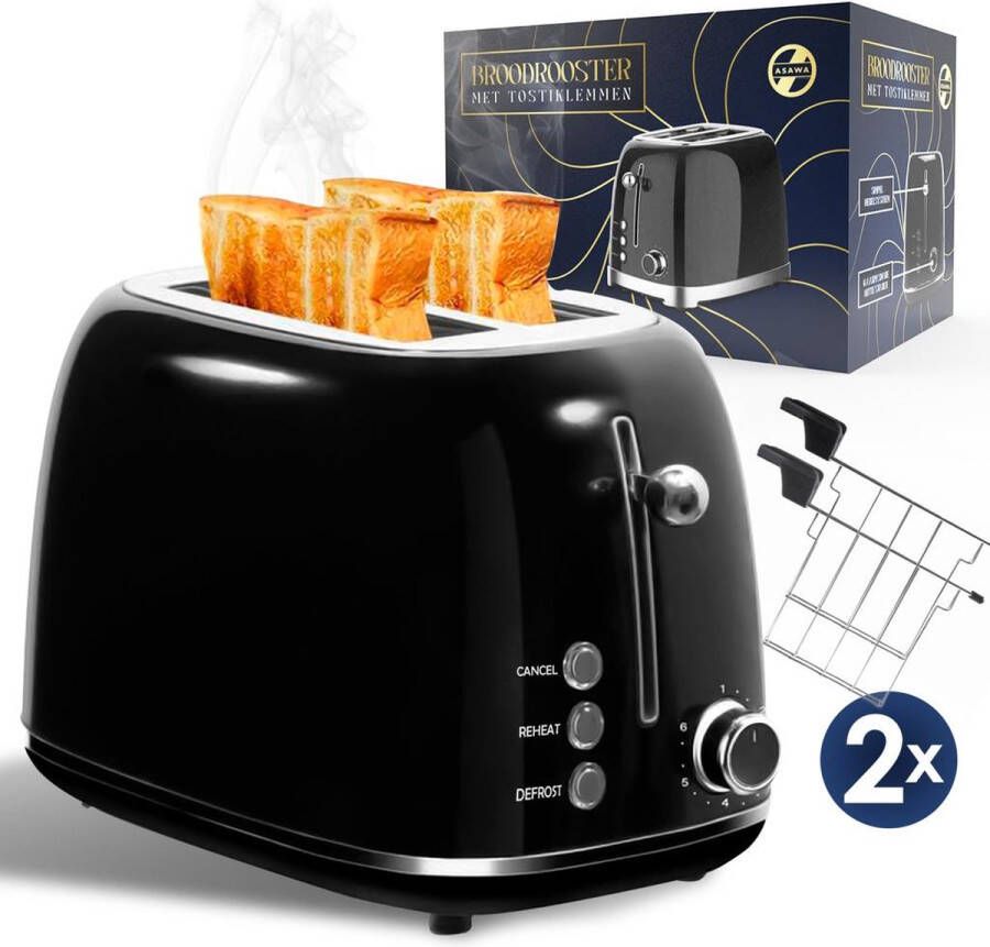 Asawa BLACK FRIDAY DEAL Broodrooster met Tostiklemmen – 2 Extra brede sleuven – 3 standen 6 niveau s – Volledig RVS – Zwart – 850W - Foto 2