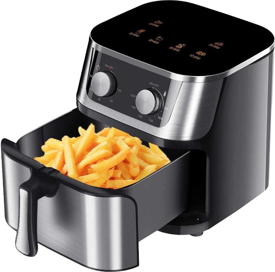 Atlasyx airfryer Heteluchtfriteuse Airfryer 8 liter Airfryer rvs Mechanische Bediening 360° Verwarming 1400 W Zwart