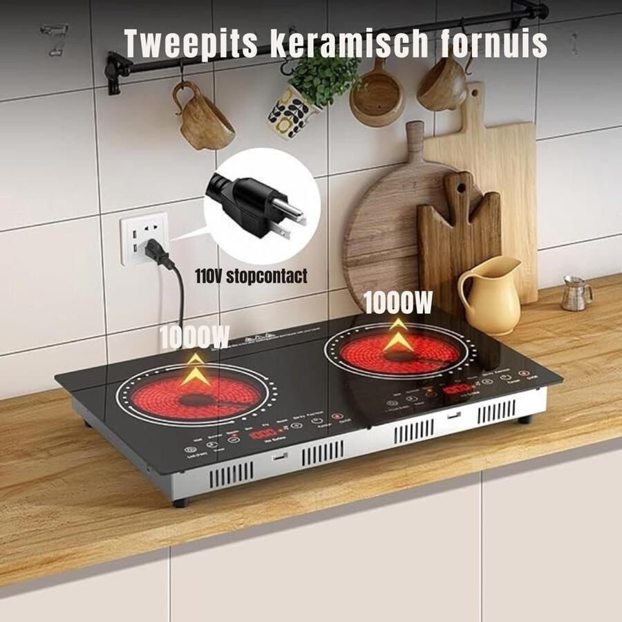 Aura Elektrische Kookplaat 2 Pits Elektrische Fornuis Elektrische Kookplaat Vrijstaand 2 Kookzones Kinderslot Zwart 60cm x 35cm x 7cm