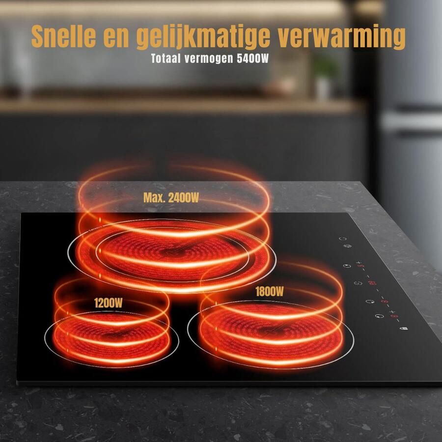 Aura Elektrische Kookplaat 4 Pits Elektrische Fornuis Elektrische Kookplaat Vrijstaand 4 Kookzones Kinderslot Zwart 52cm x 60cm x 7cm