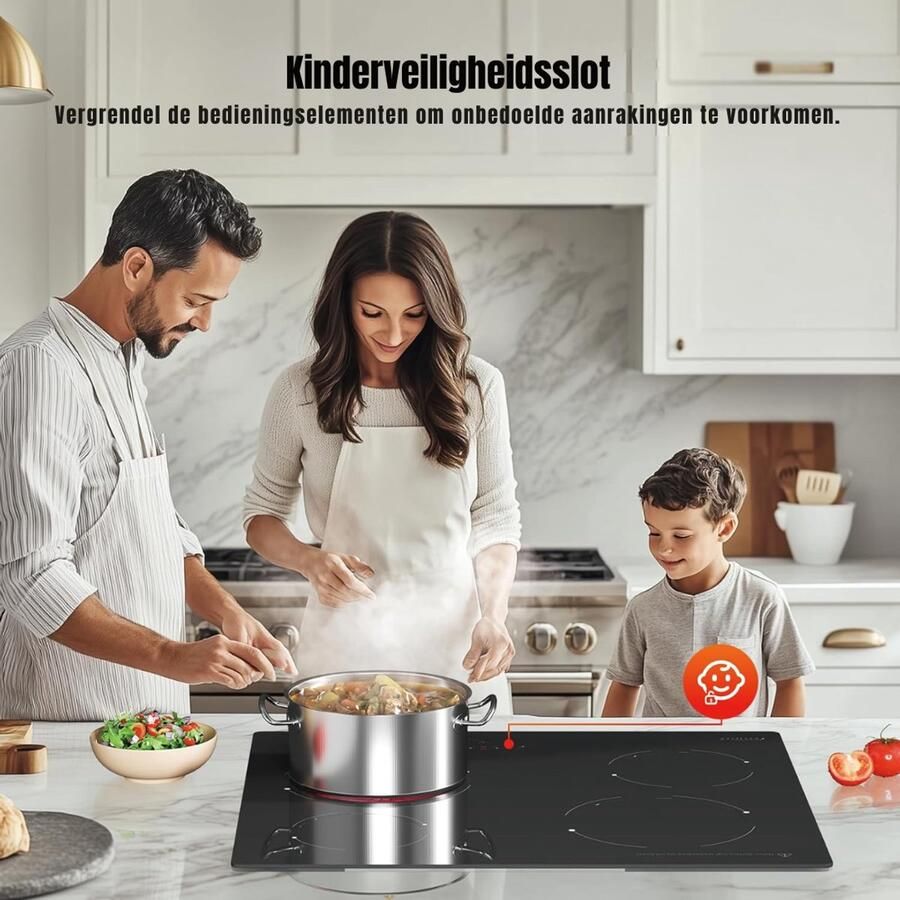 Aura Elektrische Kookplaat 4 Pits Elektrische Fornuis Elektrische Kookplaat Vrijstaand 4 Kookzones Kinderslot -Zwart 52cm x 59cm x 6cm