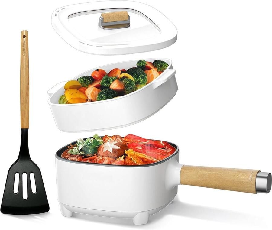 Aura Hotpot Electrisch – Kaasfondue Pan Elektrische Multipan – Multifunctioneel 2L Chinese Fondue 350 800Watt – Saute Pan – Friteuse – Hete Pan- Stomer – Langzame Kookplaat – Gemakkelijk Schoon te Maken Wit 20cm x 24cm x 12cm