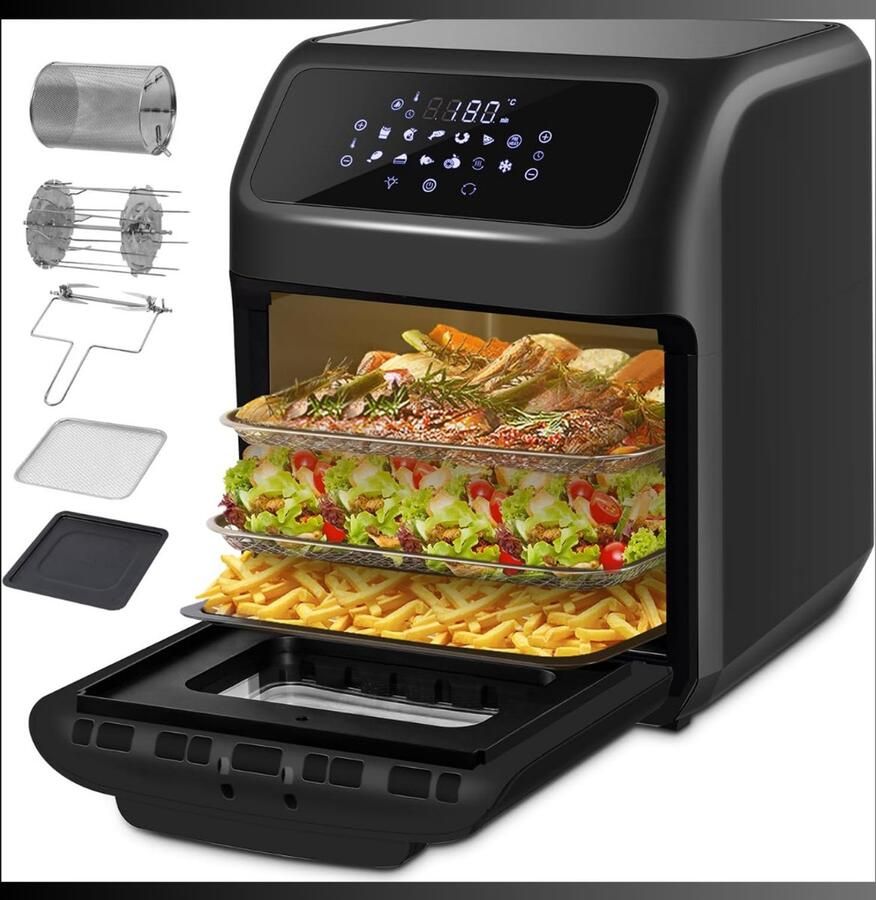 Aurixi Airfryer XXL Mini-oven Heteluchtfriteuse 12L 12 Programma's Zwart 38cm x 38cm x 44cm
