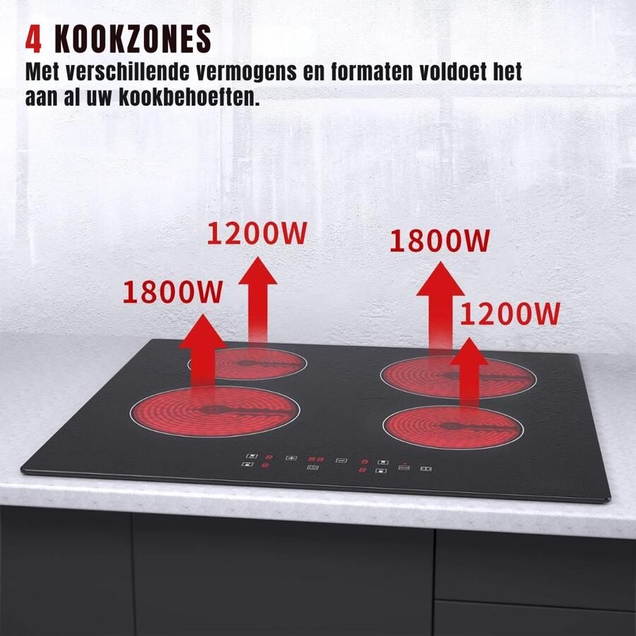 Aurixi Elektrische Kookplaat 4 Pits Elektrische Fornuis Elektrische Kookplaat Vrijstaand 4 Kookzones Kinderslot Zwart ‎52cm x 59cm x 6cm - Foto 3