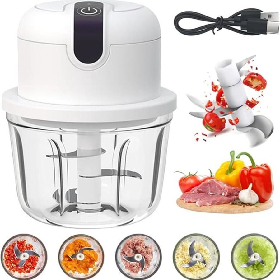 Aurixi Hakmolen Elektrisch Hakmolen Electrisch Met 3 Scherpe Messen Oplaadbare Food Chopper Mini Draagbare Keukenmachine – Groentesnijder – Wit 11cm x 11cm x 14cm