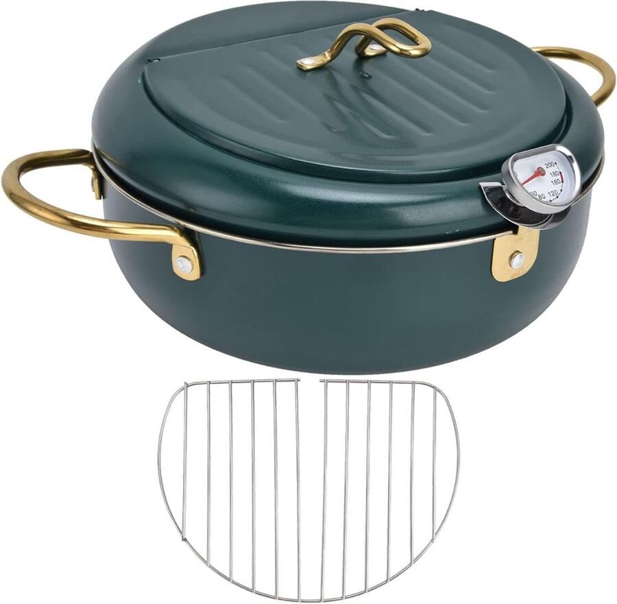 Quvo Japanse Tempura Friteuse Potthermometer RVS Japanse Frituurpan 3.4L Friteuse Pan Kippenpot met Thermometer Groen 34cm x 34cm x 11cm