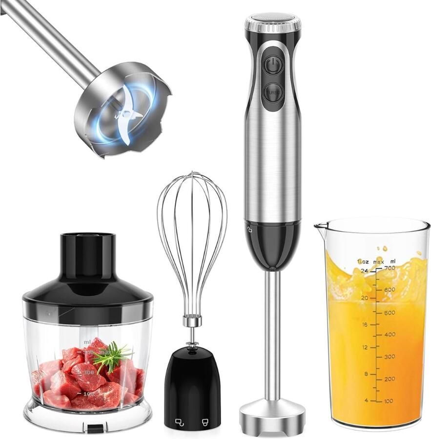 Aurixi Staafmixer Set 4-in-1 Handmixer 1000Watt Hakmolen Roestvrij Staal – Handblender met Turbo – Professionele Hakmolens 240V – Staafmixer 1000 watt Staafmixers Zwart 7cm x 7cm x 37cm