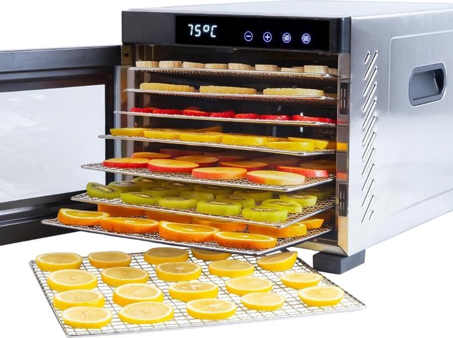 Aura Voedseldroger Droogoven Fruitdroger 10 Lagen 30 tot 90 Graden Zilver ‎34cm x 45cm x 31cm
