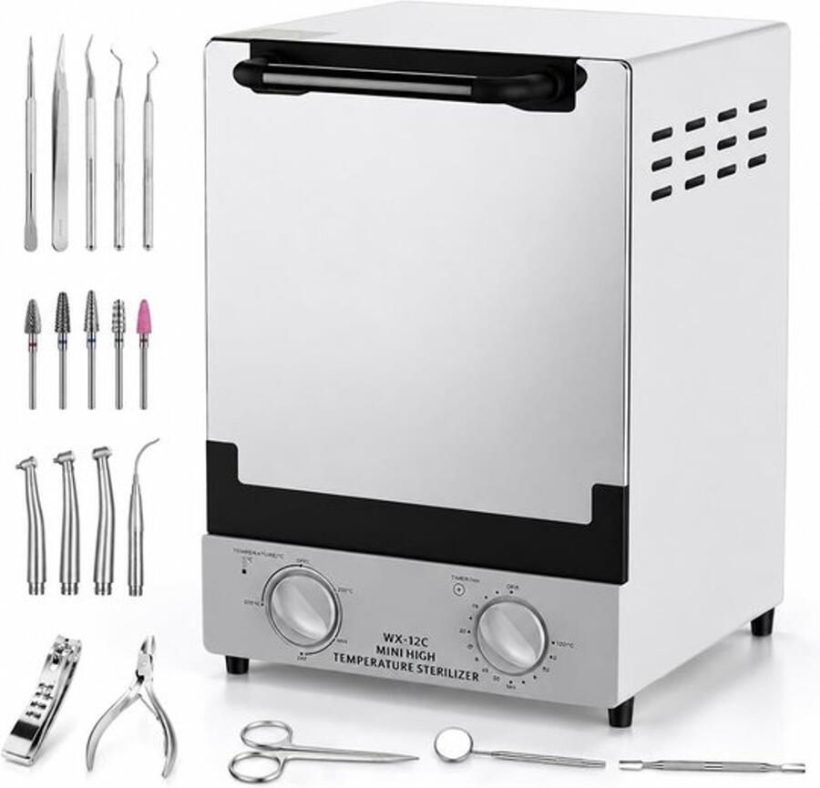 Autoclaaf sterilisator 12 liter 1000 W dubbele infrarood droogverwarming met 30 minuten timer en 250 °C temperatuurregeling heteluchtsterilisator voor nagelgereedschap tandheelkunde geneeskunde