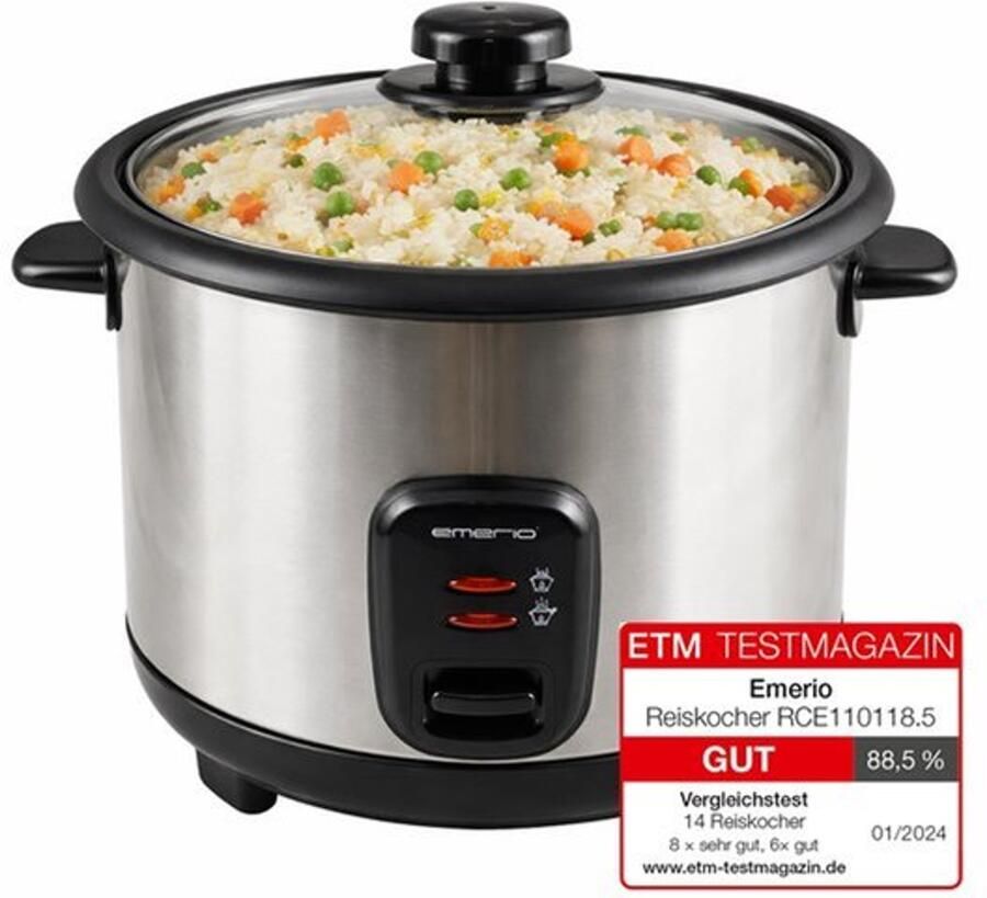 Automatische eco rijstkoker BPA vrij met 1 5L volume warmhoudfunctie auto off antiaanbaklaag glazen deksel incl. rijstlepel + maatbeker slowcooker 500 watt RVS