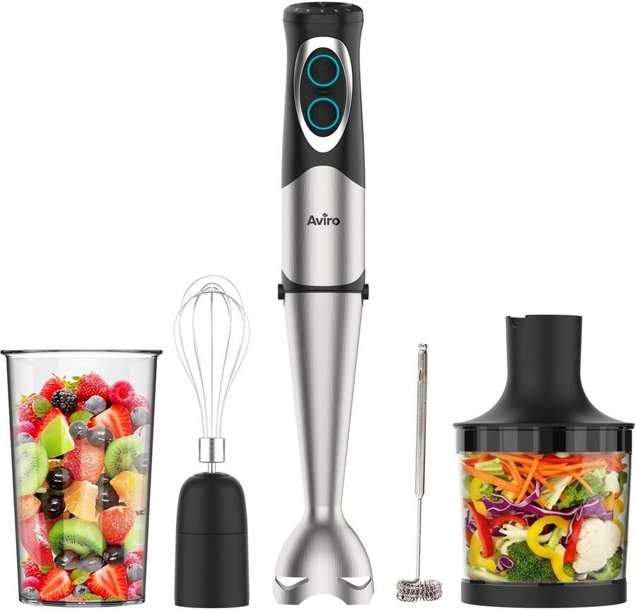 Aviro 6-in-1 Staafmixer Set 1000W 20 Snelheden Hakmolen Melkopschuimer Garde & Maatbeker RVS