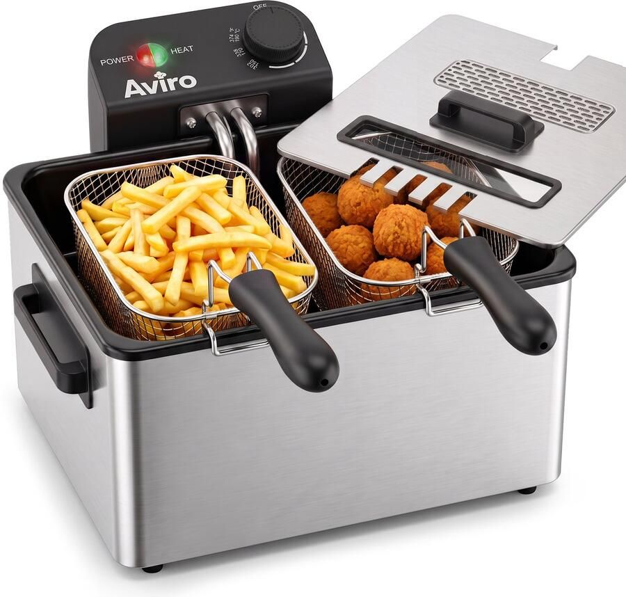 Aviro Frituurpan XL 5 Liter Friteuse 1 Grote en 2 Kleine Manden Kijkvenster Koude Zone Regelbare Thermostaat RVS