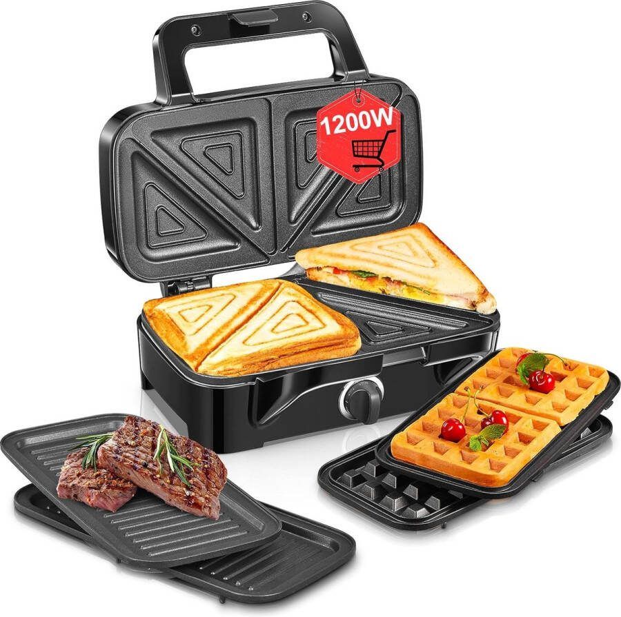 Multifunctioneel Wafelijzer met Verwisselbare Platen Instelbare Temperatuur en Non-Stick Coating Inclusief Handleiding Bak Wafels Panini's en Meer Compact en Gemakkelijk Onderhoud