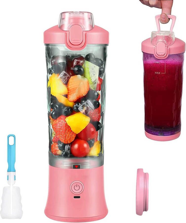 Ayangoods Portable Mixer Smoothie Maker met 600ml Blenderfles voor Smoothies en Shakes Oplaadbare USB-C Mixer met 6 Messen Verse Sap Mixerfles voor Onderweg Keuken Kantoor (Roze)