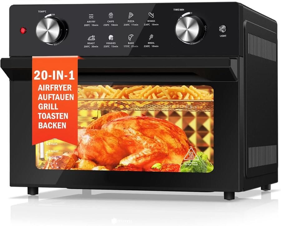 Azmsary Vrijstaande Oven 30L -Mini oven 1800 W temperatuur 100–230 °C 360° heteluchtcirculatie binnenverlichting draaiknop uitdroging van planten zwart