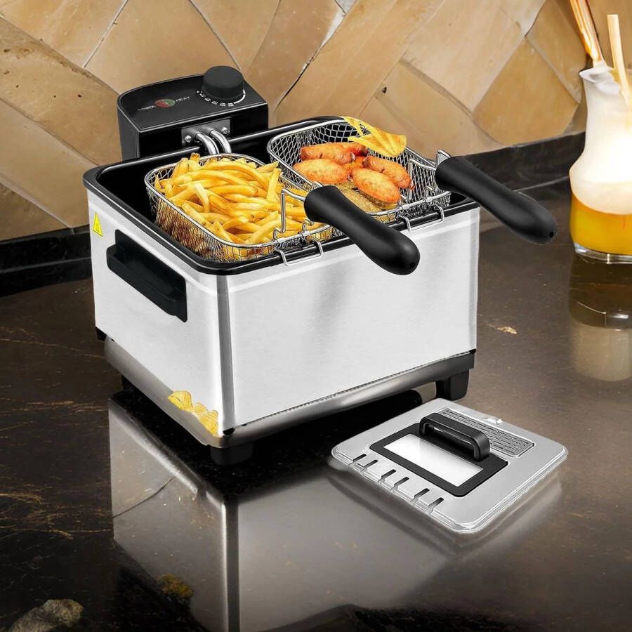 Babij Cooking Friteuse Frietpan 5L RVS 2000W Met Kijkvenster & 3 Uitneembare Frituurmand Frituurpan