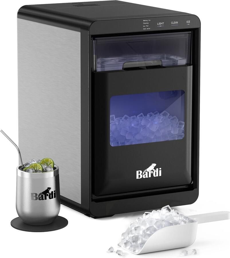Bardi 1 8L Deluxe IJsblokjesmachine Crushed ICE machine Nugget IJsblokjesmachine LED Verlichting 20Kg 24 uur. inclusief Thermosbeker Set RVS ZWART