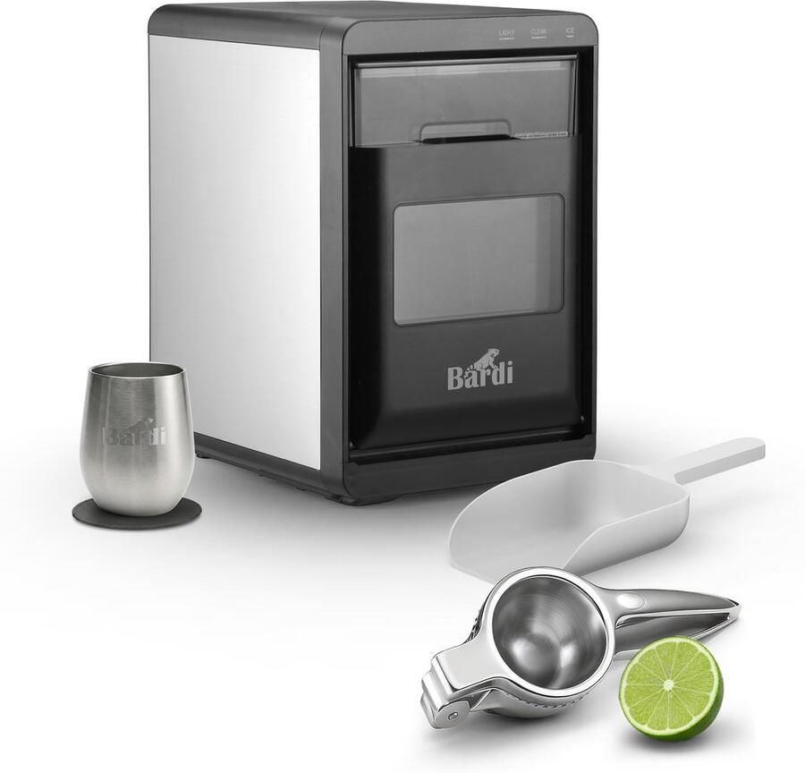 Bardi 1 8L Deluxe IJsblokjesmachine Crushed ICE machine Nugget IJsblokjesmachine LED Verlichting 20Kg 24 uur. inclusief Thermosbeker RVS ZWART met citruspers RVS