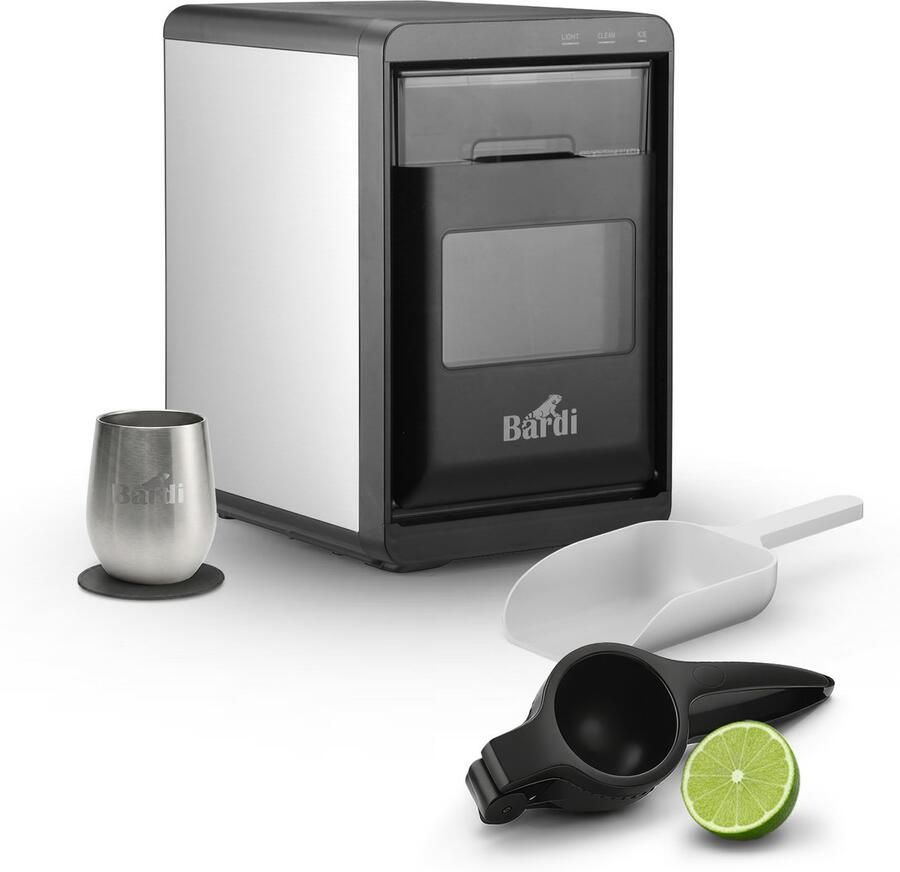 Bardi 1 8L Deluxe Ijsblokjesmachine Zwart Crushed ICE machine Nugget IJsblokjesmachine LED Verlichting 20Kg 24 uur. inclusief Thermosbeker RVS ZWART met citruspers ZWART