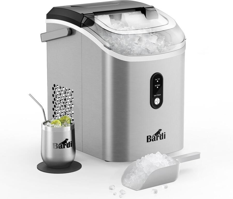 Bardi 1.1L Nugget IJsblokjesmachine Rond Crushed Ice Maker met IJsschep 15kg 24 uur Ijsblokjesmaker Met Luxe Thermosbeker RVS