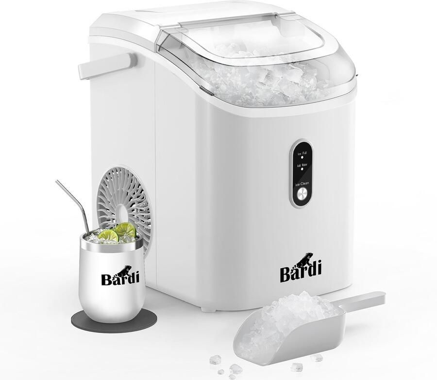 Bardi 1.1L Nugget IJsblokjesmachine Rond Crushed Ice Maker met IJsschep 15kg 24 uur Ijsblokjesmaker Met Lux Thermosbeker WIT
