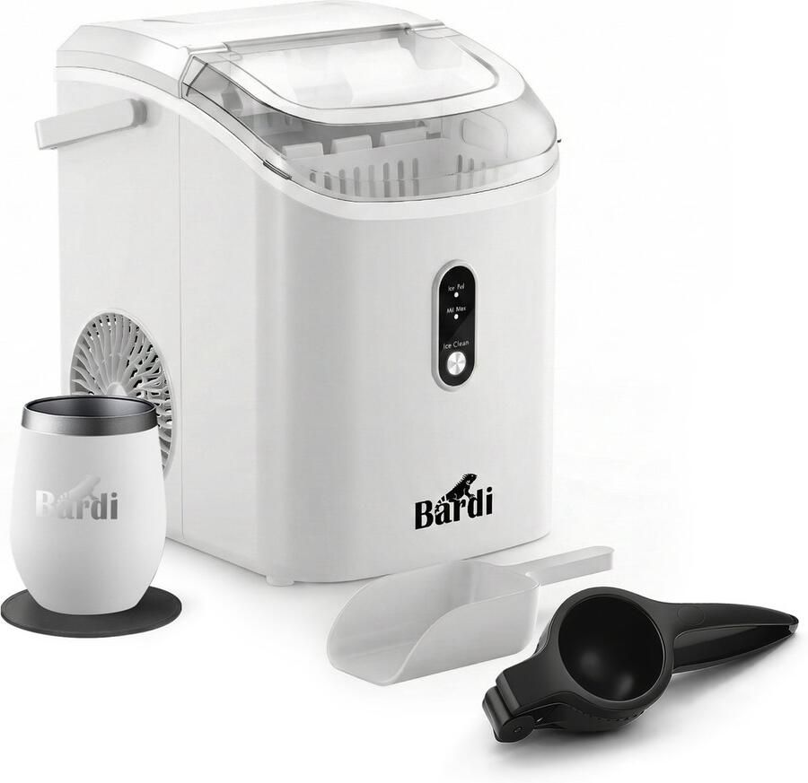 Bardi 1.1L Nugget IJsblokjesmachine Rond Crushed Ice Maker met IJsschep 15kg 24 uur Ijsblokjesmaker Met Lux Thermosbeker WIT Citruspers Zwart
