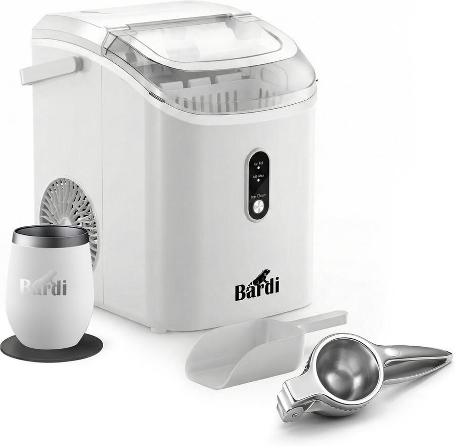 Bardi 1.1L Nugget IJsblokjesmachine Rond Crushed Ice Maker met IJsschep 15kg 24 uur Ijsblokjesmaker Met Lux Thermosbeker WIT Citruspers RVS