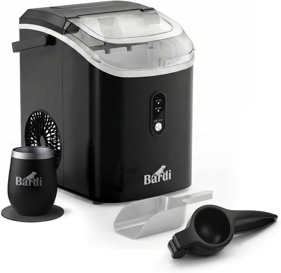 Bardi 1.1L Nugget IJsblokjesmachine Rond Crushed Ice Maker met IJsschep 15kg 24 uur Ijsblokjesmaker Met Luxe Thermosbeker Zwart Citruspers Zwart