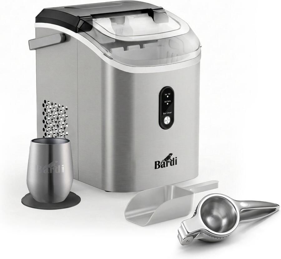 Bardi 1.1L Nugget IJsblokjesmachine Rond Crushed Ice Maker met IJsschep 15kg 24 uur Ijsblokjesmaker Met Luxe Thermosbeker RVS Citruspers RVS