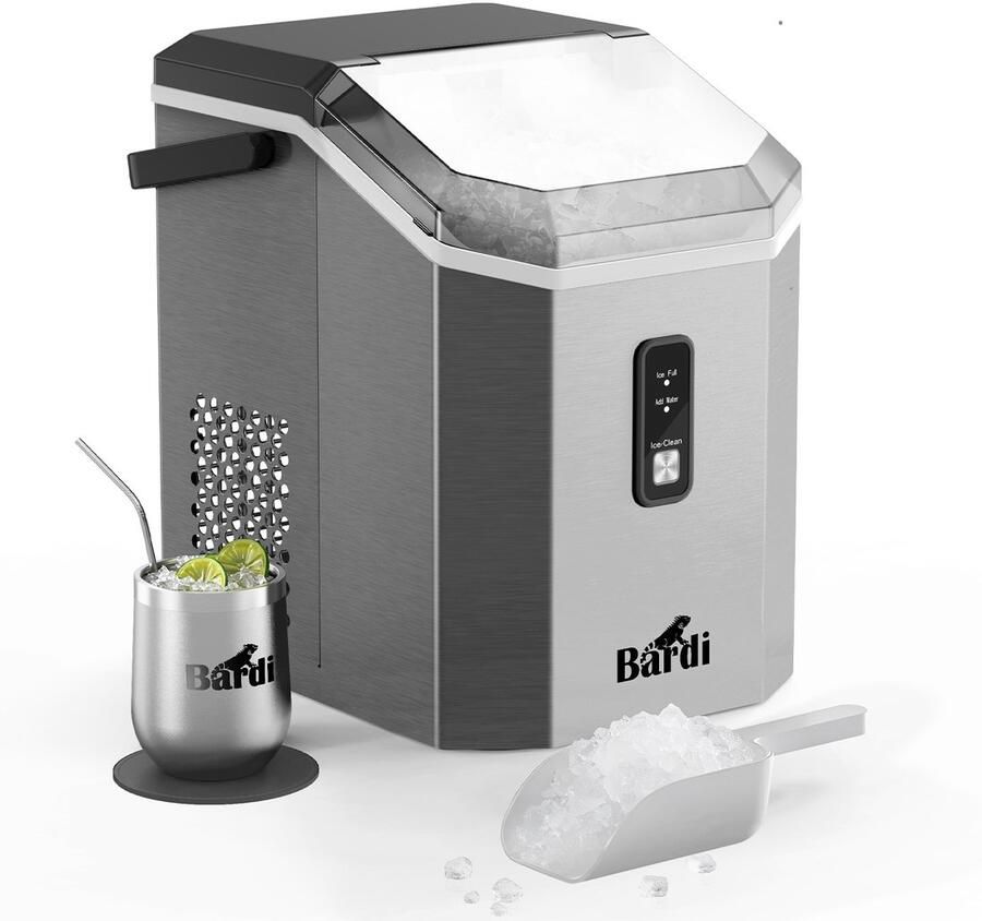 Bardi 1.1L Nugget IJsblokjesmachine Square Crushed Ice Maker met IJsschep 15kg 24 uur Ijsblokjesmaker Met Luxe Thermosbeker RVS