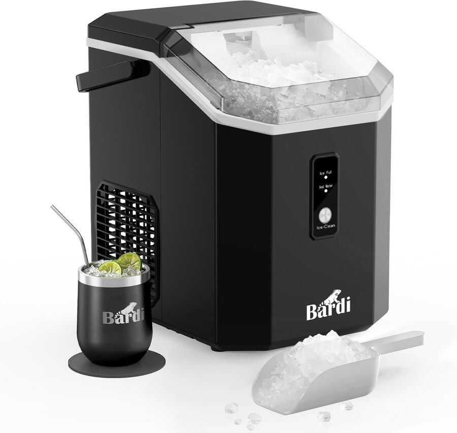 Bardi 1.1L Nugget IJsblokjesmachine Square Crushed Ice Maker met IJsschep 15kg 24 uur Ijsblokjesmaker Met Luxe Thermosbeker Zwart