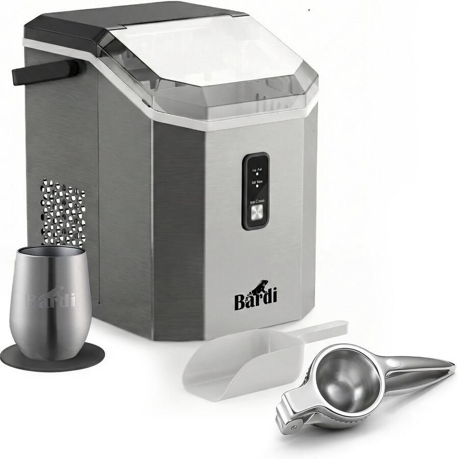 Bardi 1.1L Nugget IJsblokjesmachine Square Crushed Ice Maker met IJsschep 15kg 24 uur Ijsblokjesmaker Met Luxe Thermosbeker RVS met citruspers RVS