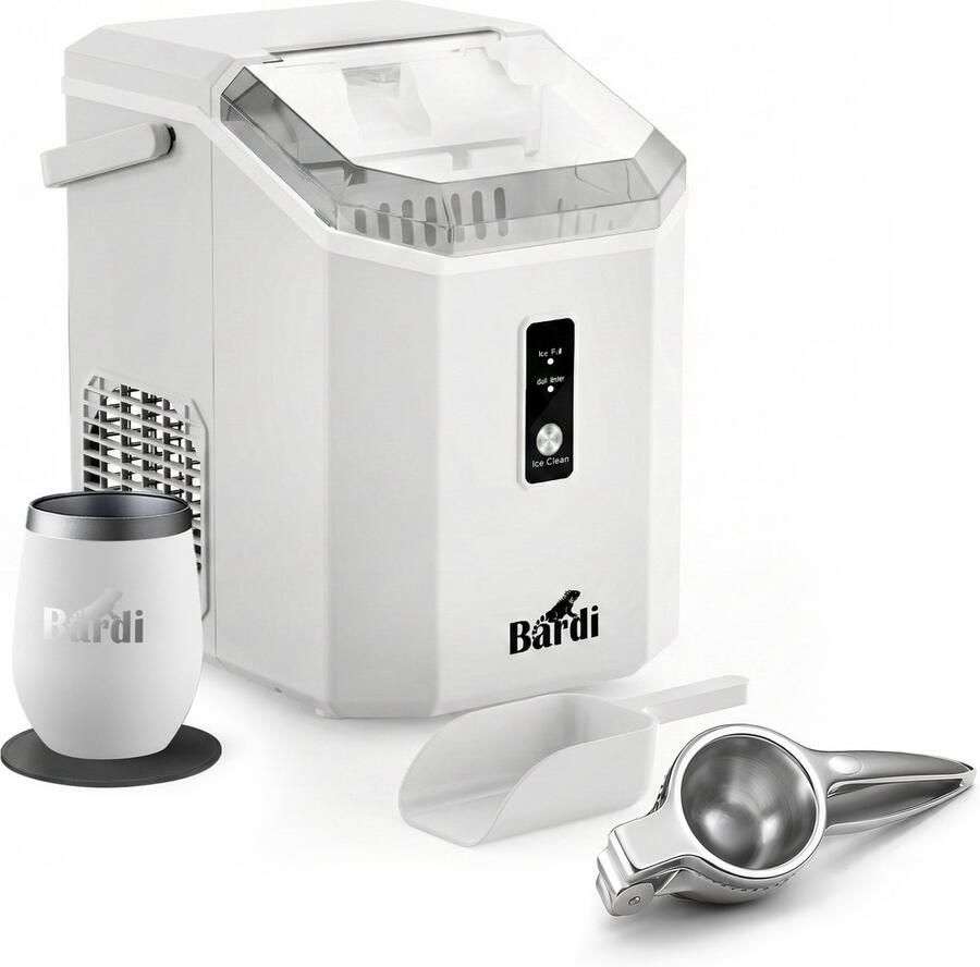 Bardi 1.1L Nugget IJsblokjesmachine Square Crushed Ice Maker met IJsschep 15kg 24 uur Ijsblokjesmaker Met Luxe Thermosbeker WIT met citruspers rvs