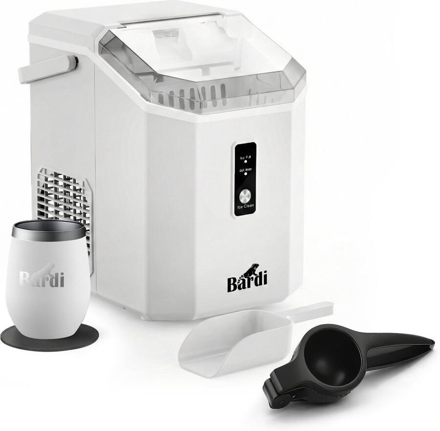 Bardi 1.1L Nugget IJsblokjesmachine Square Crushed Ice Maker met IJsschep 15kg 24 uur Ijsblokjesmaker Met Luxe Thermosbeker WIT met citruspers Zwart