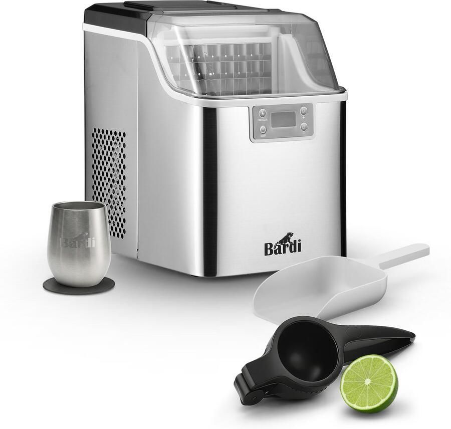 Bardi 3 2L Deluxe IJsblokjesmachine Vierkante IJsblokmaker LCD Display 20Kg 24 uur. inclusief Thermosbeker en IJsschep- RVS met citruspers ZWART