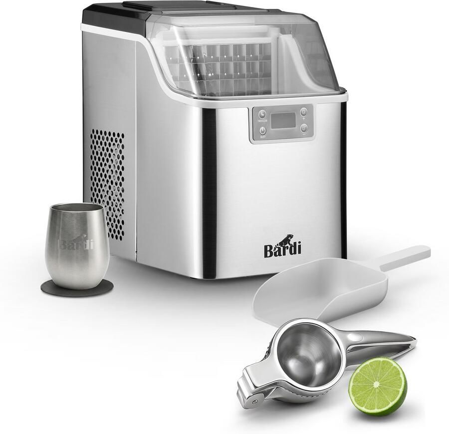 Bardi 3 2L Deluxe IJsblokjesmachine Vierkante IJsblokmaker LCD Display 20Kg 24 uur. inclusief Thermosbeker en IJsschep- RVS met citruspers RVS