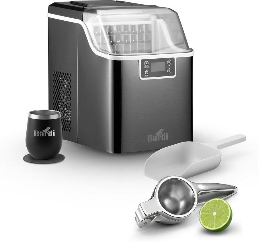 Bardi 3 2L Deluxe IJsblokjesmachine Vierkante IJsblokmaker LCD Display 20Kg 24 uur. inclusief Thermosbeker en IJsschep ZWART met citruspers RVS