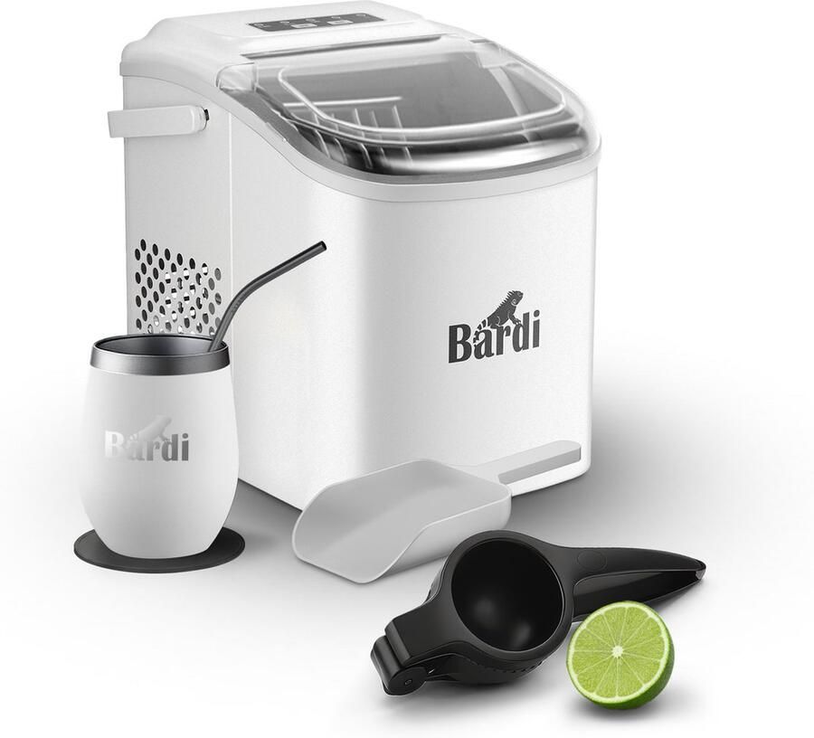 Bardi Deluxe IJsblokjesmachine Set 1 2 Liter 12KG IJsblokjes in 24 uur met IJsschep Inclusief 1 Luxe Thermosbeker en Ijsschep Wit Citruspers Zwart